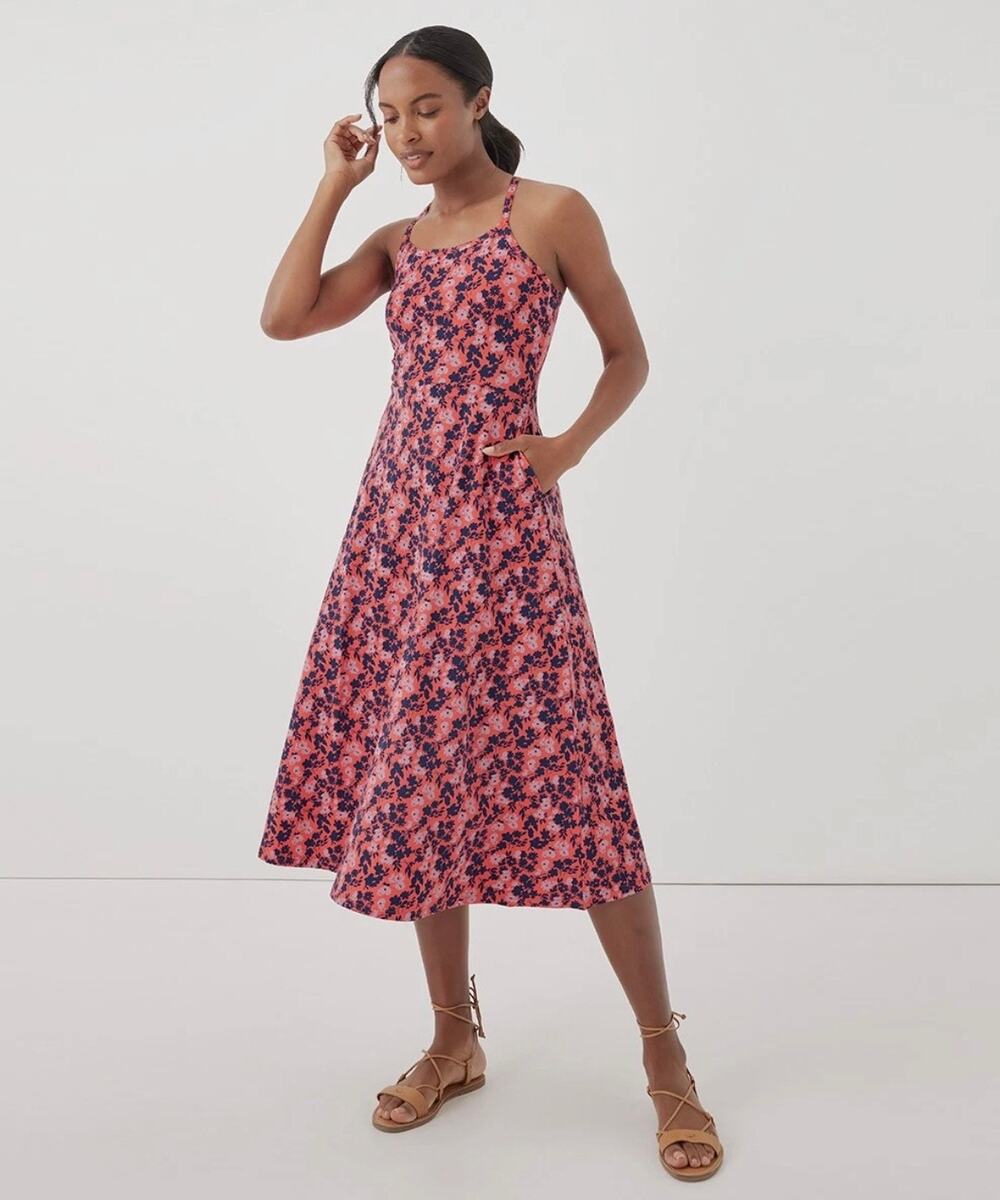 Womens Pact Organic Cotton Fit and Flare Coral and Navy Floral Midi Dress Medium